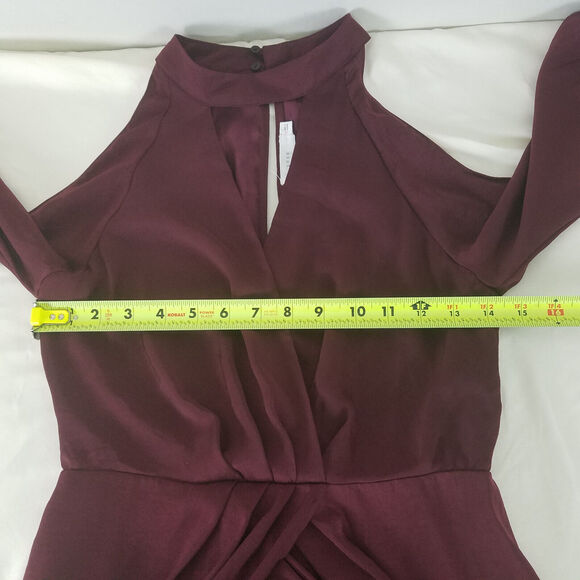 Lush Romper Dress Womens Small Burgundy Bishop Sleeve Cold‎ Shoulder Surplice - Picture 6 of 16